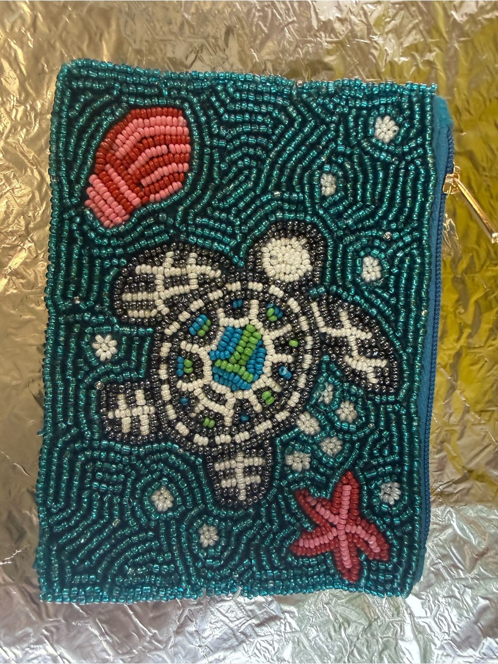 Beaded Sea Turtle Clutch Wallet - Teal, White, Pink Accents